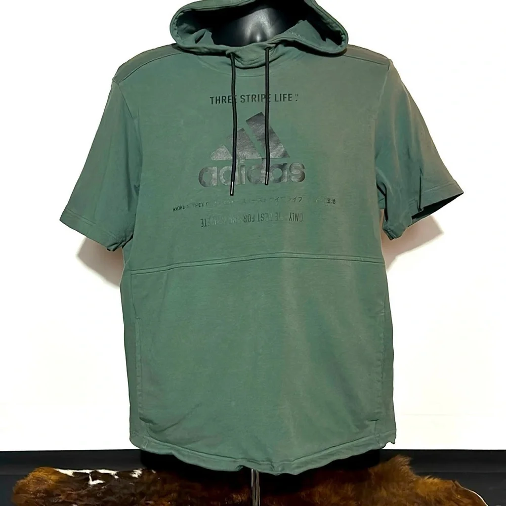 Adidas Three Stripe Life T-Shirt Hoodie Green Size M Kangaroo Pouch